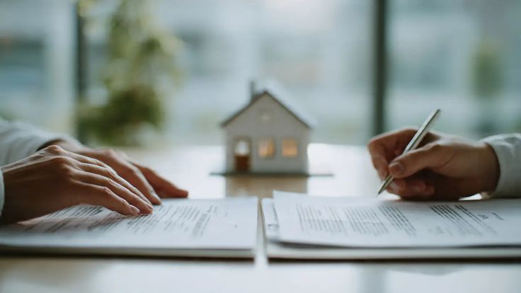 Mãos assinando documento de posse de imóvel, com maquete de casa sobre a mesa